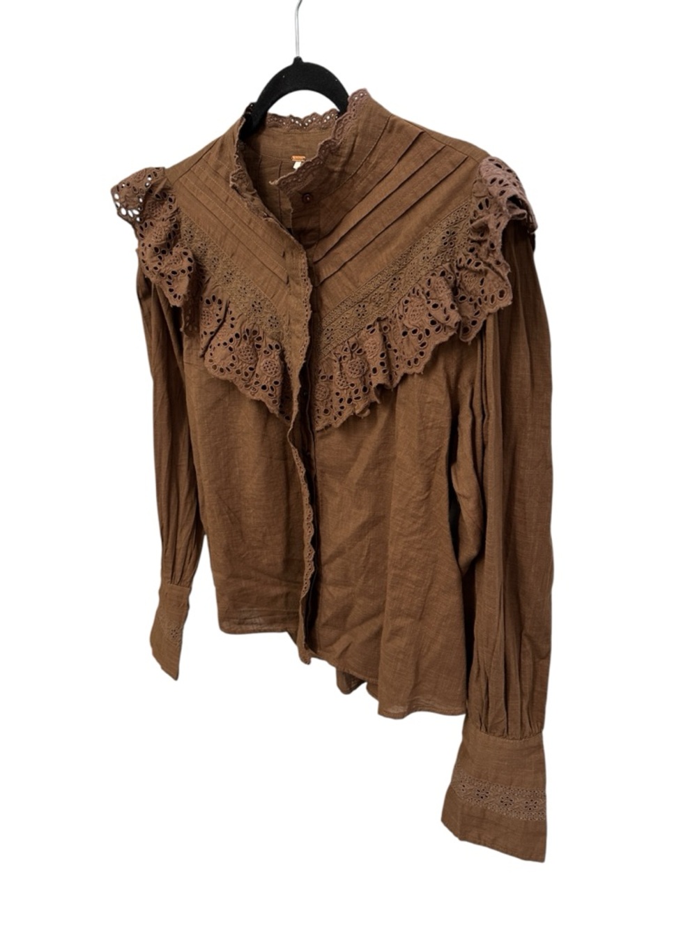 Free People Hit The Road button down blouse in Coffee Date eyelet ruffle yoke - Picture 8 of 14